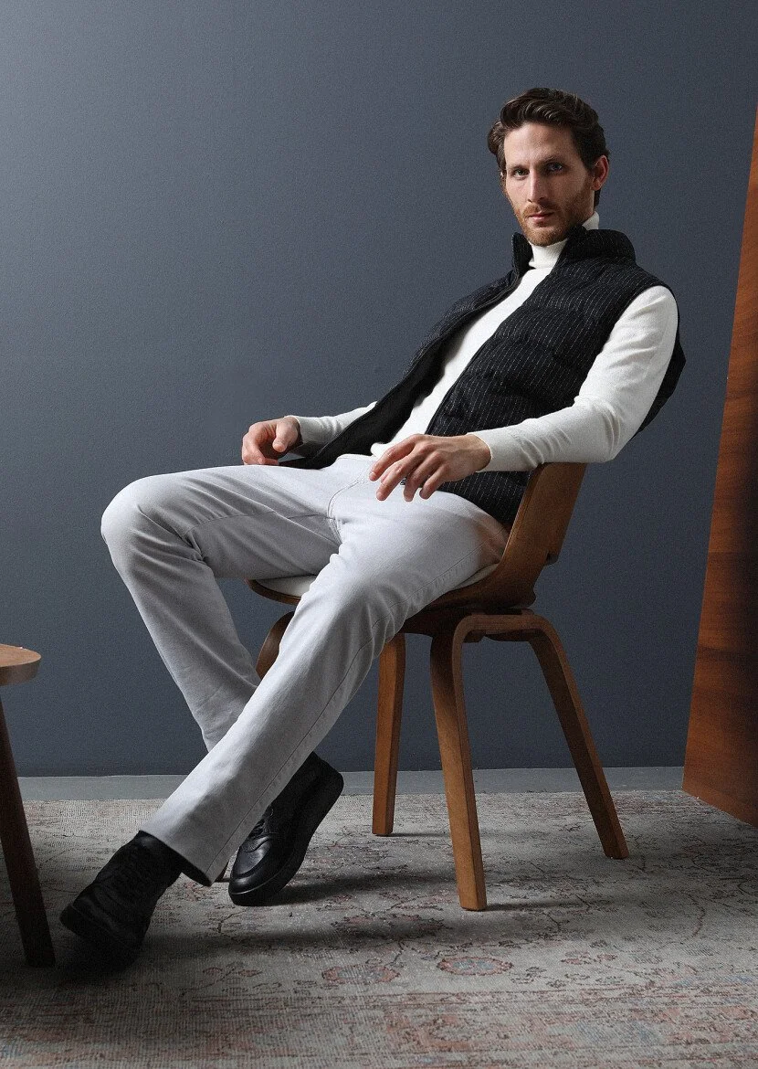 Gri Düz Dokuma Slim Fit Casual Pamuk Karışımlı Pantolon 