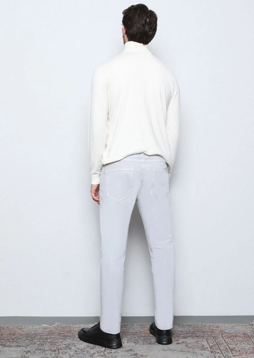 Gri Düz Dokuma Slim Fit Casual Pamuk Karışımlı Pantolon - 5