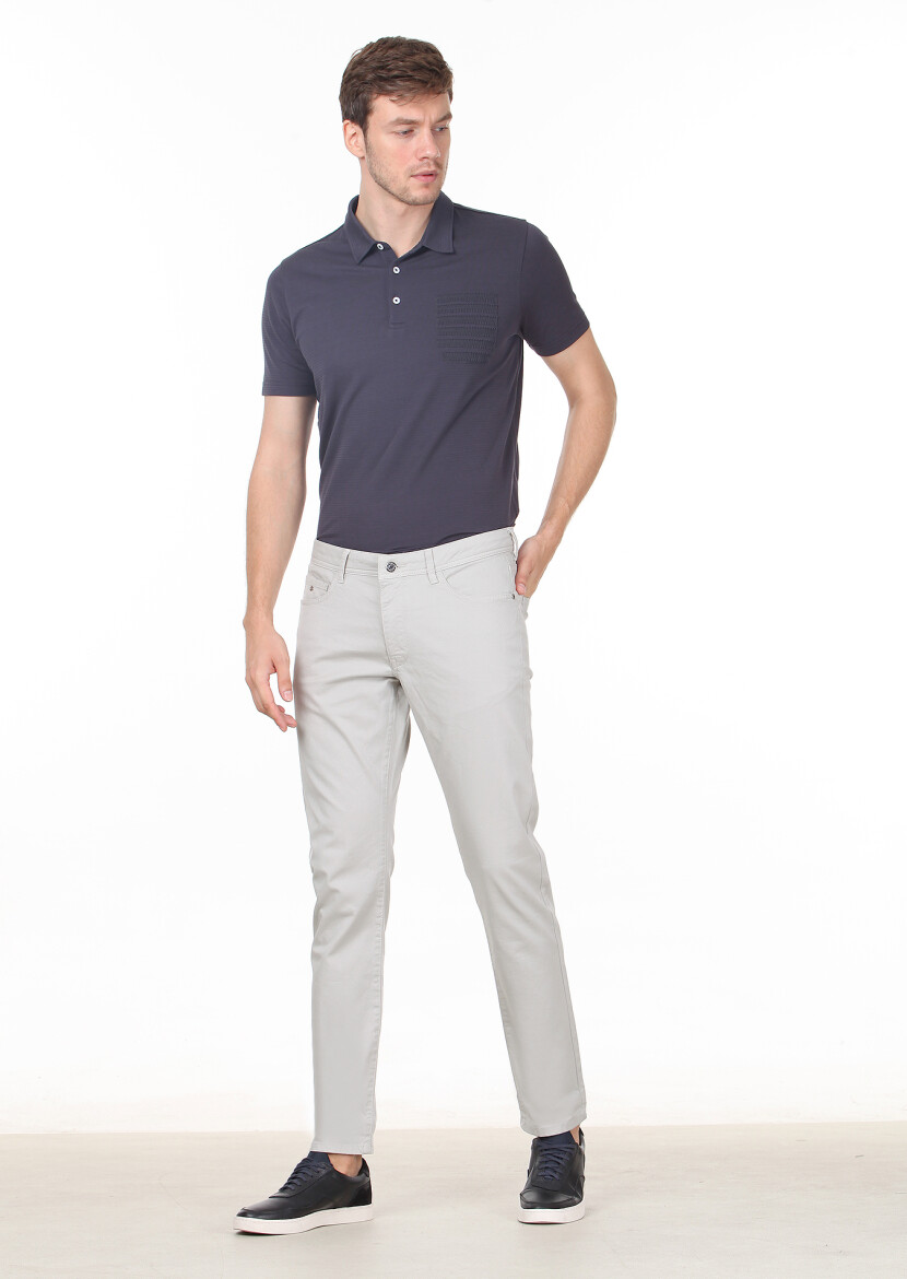Gri Düz Dokuma Slim Fit Casual Pamuk Karışımlı Pantolon - 1