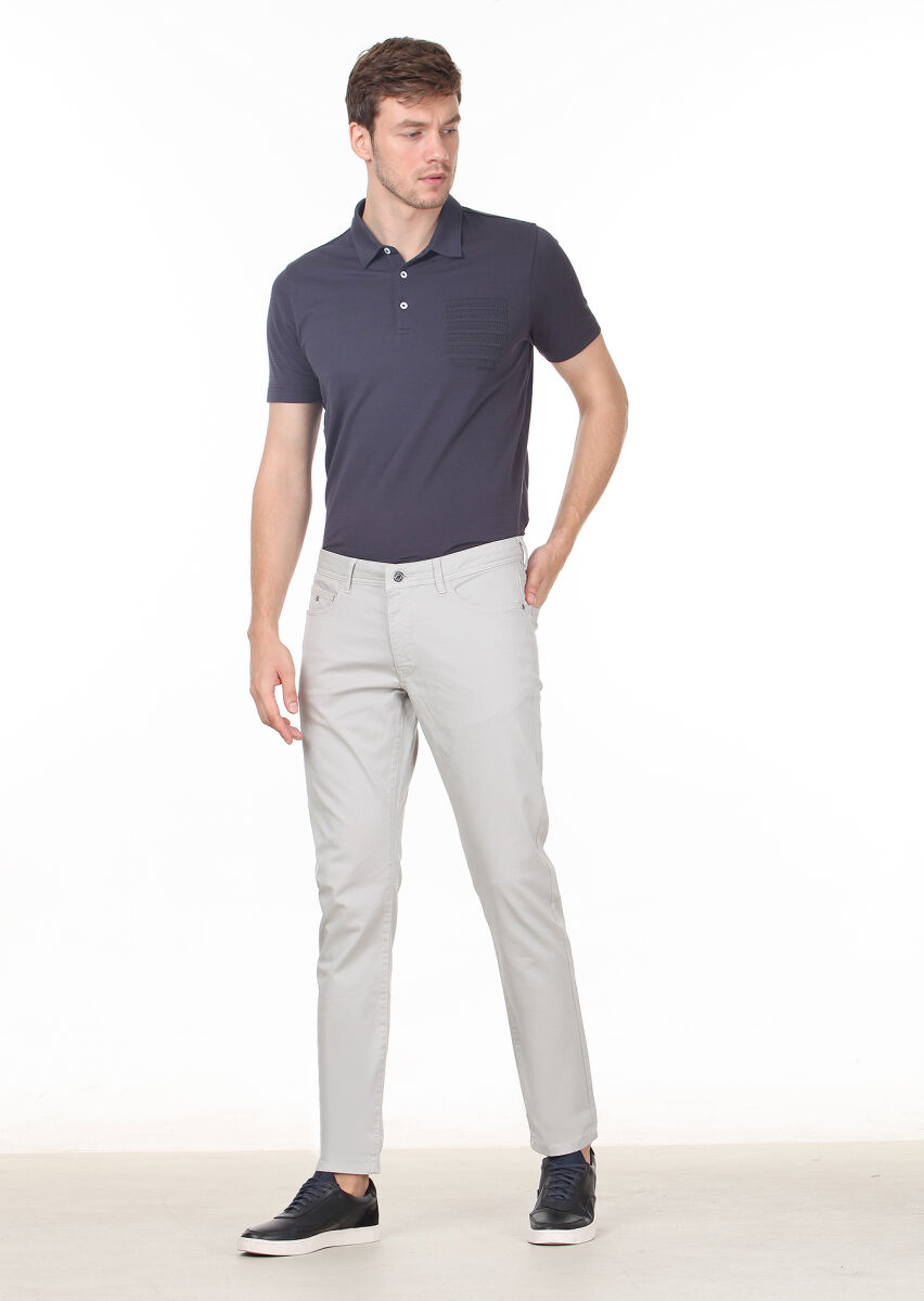 Gri Düz Dokuma Slim Fit Casual Pamuk Karışımlı Pantolon - 1