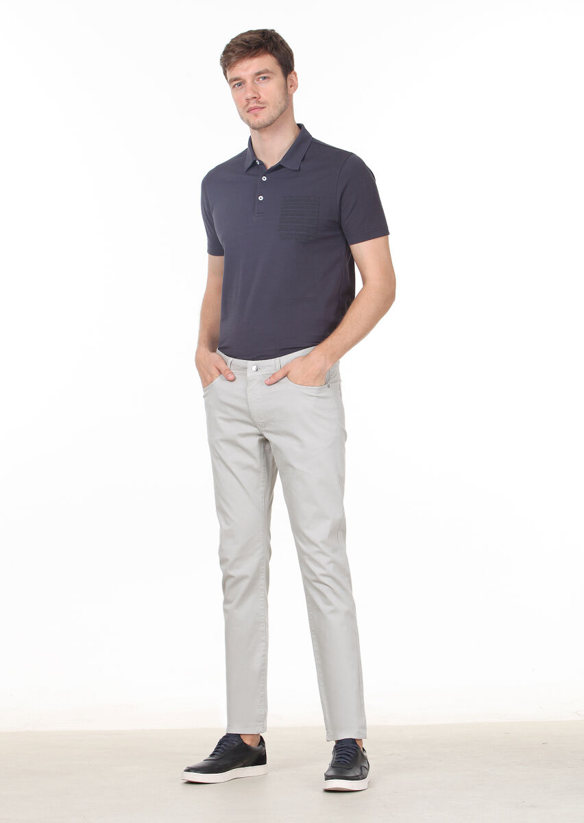 Gri Düz Dokuma Slim Fit Casual Pamuk Karışımlı Pantolon - 2