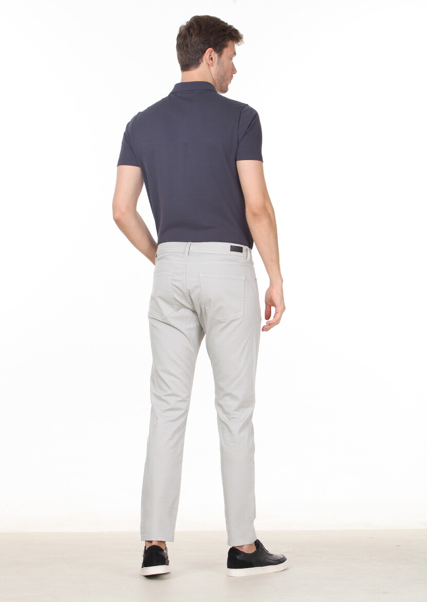 Gri Düz Dokuma Slim Fit Casual Pamuk Karışımlı Pantolon - 4