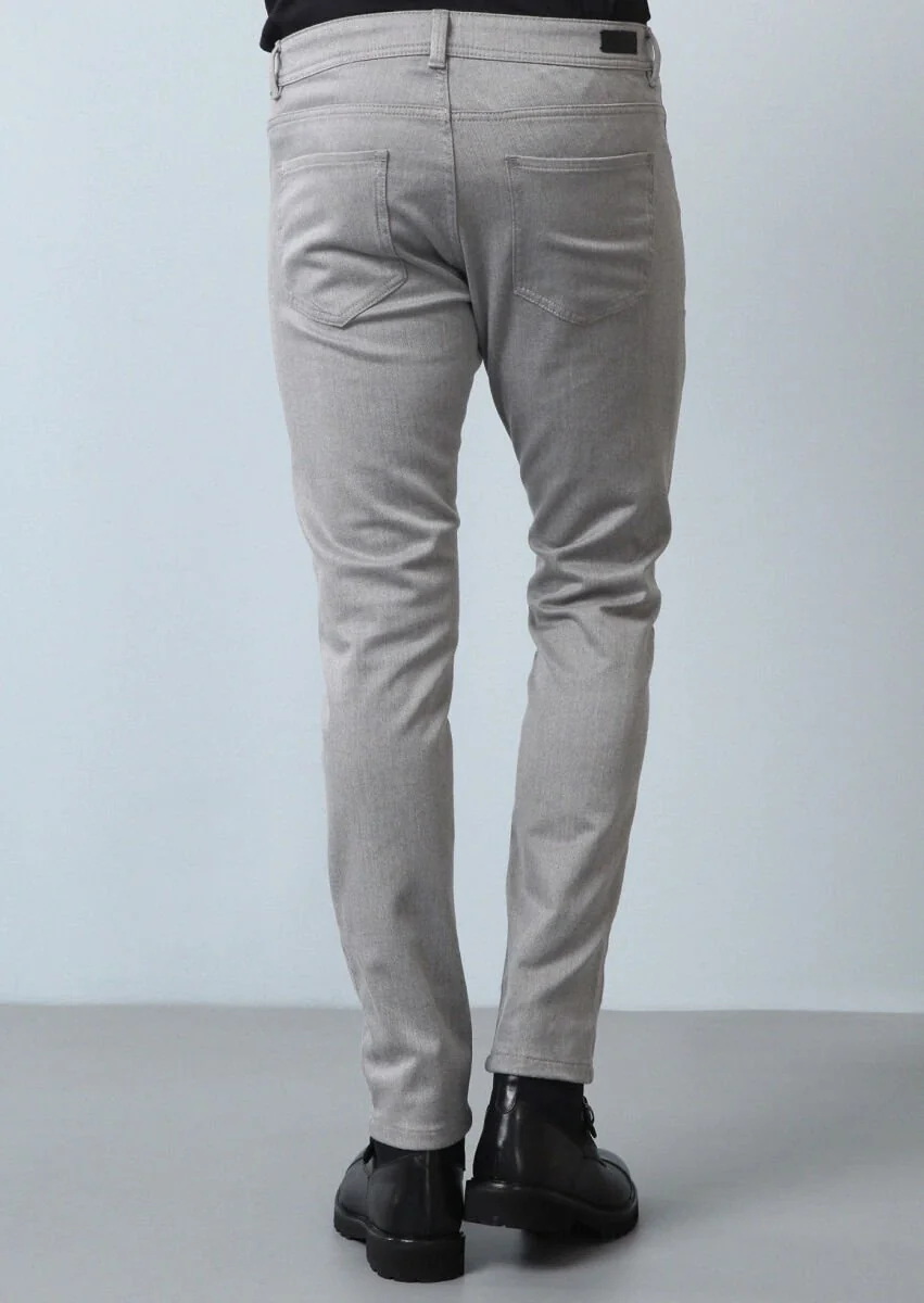 Gri Düz Dokuma Slim Fit Casual Pamuk Karışımlı Pantolon - 5