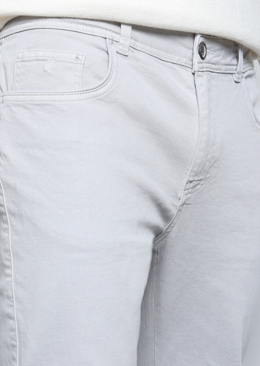 Gri Düz Dokuma Slim Fit Casual Pamuk Karışımlı Pantolon - 3