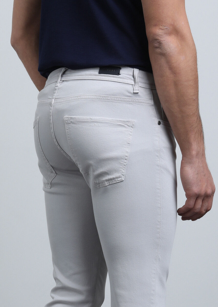 Gri Düz Dokuma Slim Fit Casual Pamuk Karışımlı Pantolon - 5