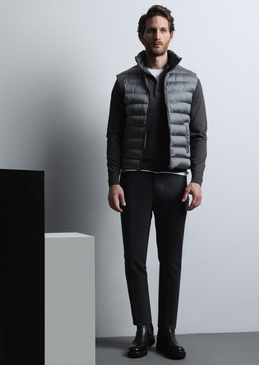 Gri Düz Dokuma Slim Fit Casual Pamuk Karışımlı Pantolon - 3