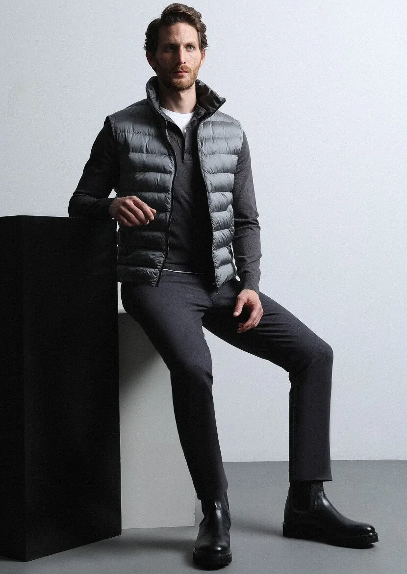 Gri Düz Dokuma Slim Fit Casual Pamuk Karışımlı Pantolon - 1