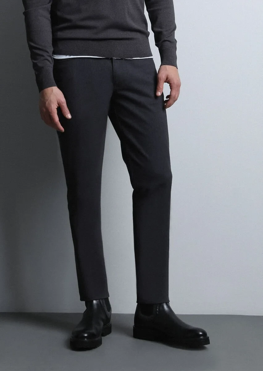 Gri Düz Dokuma Slim Fit Casual Pamuk Karışımlı Pantolon - 2
