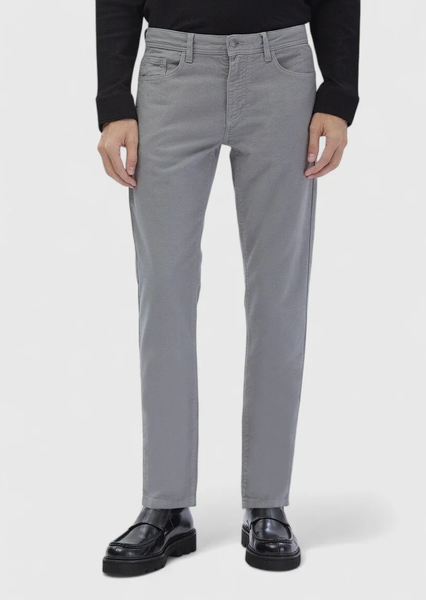 Gri Düz Dokuma Slim Fit Casual Pamuk Karışımlı Pantolon 