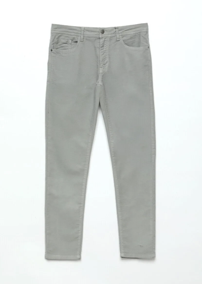 Gri Düz Dokuma Slim Fit Casual Pamuk Karışımlı Pantolon - 7