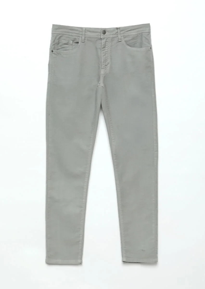 Gri Düz Dokuma Slim Fit Casual Pamuk Karışımlı Pantolon - 7