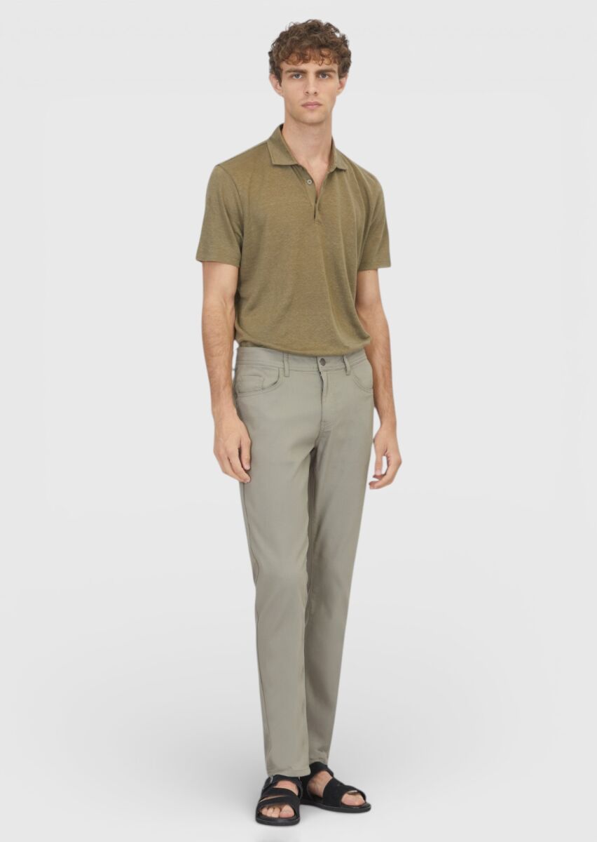 Gri Düz Dokuma Slim Fit Casual Pamuk Karışımlı Pantolon - 1