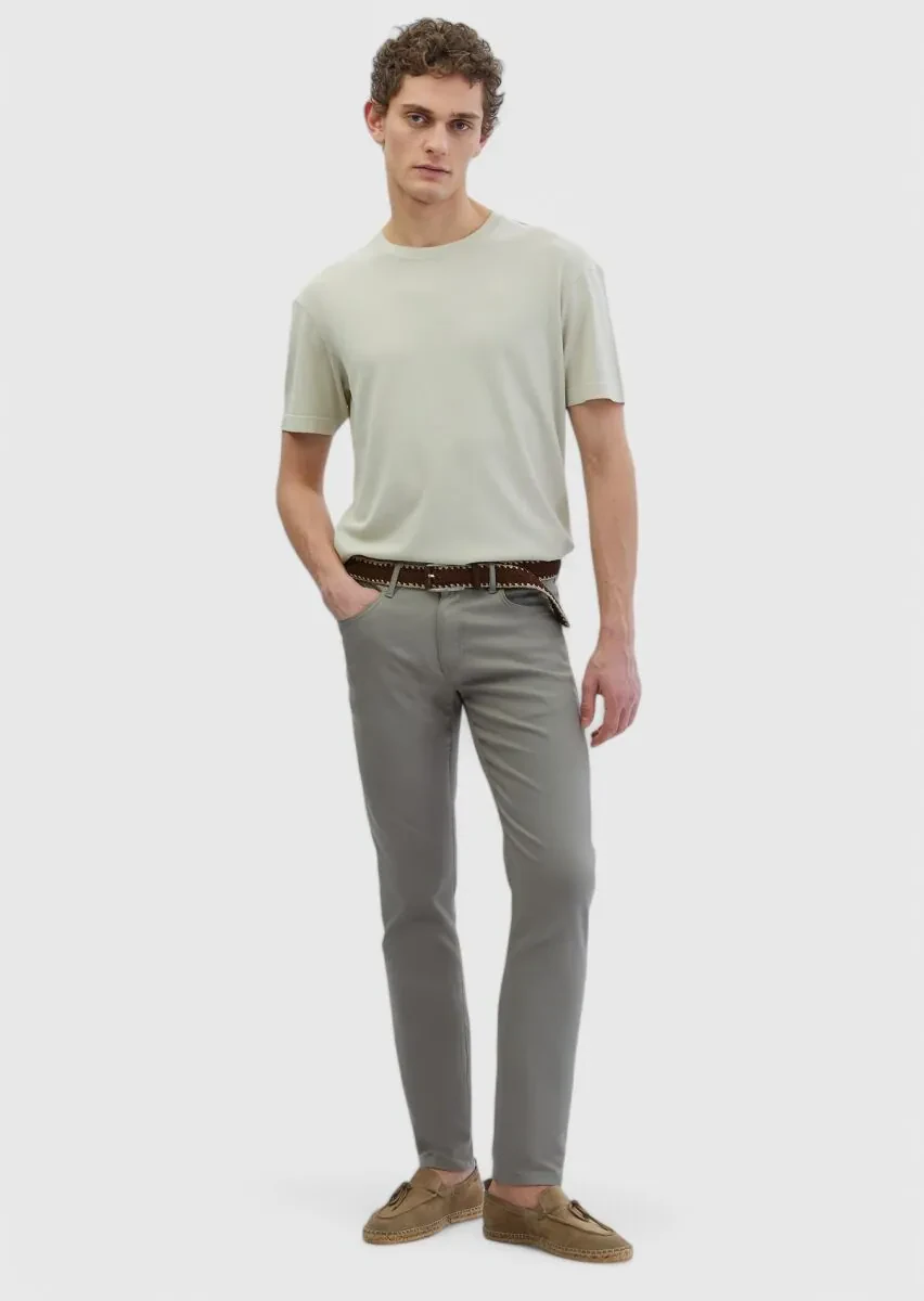 Gri Düz Dokuma Slim Fit Casual Pamuk Karışımlı Pantolon - 1