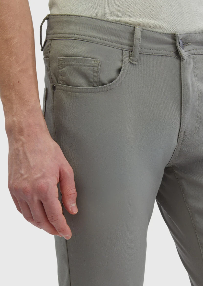 Gri Düz Dokuma Slim Fit Casual Pamuk Karışımlı Pantolon - 3