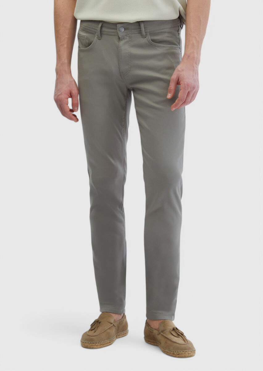 Gri Düz Dokuma Slim Fit Casual Pamuk Karışımlı Pantolon - 2