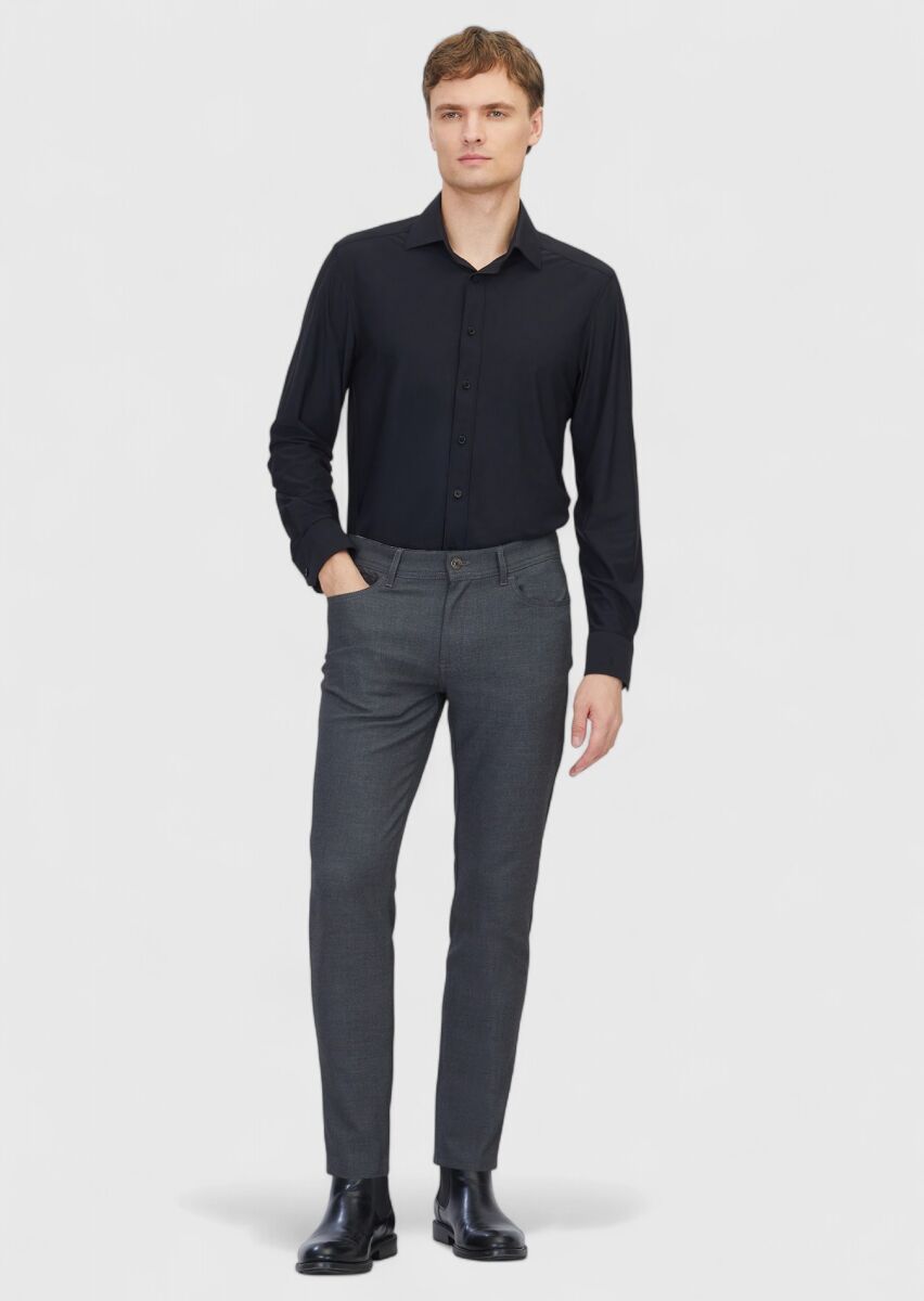 Gri Düz Dokuma Slim Fit Casual Pantolon - 1