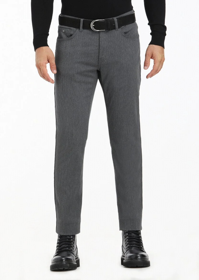 Gri Düz Dokuma Slim Fit Casual Pantolon 