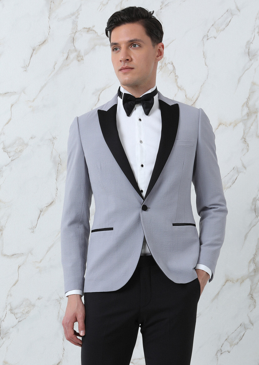 Gri Düz Fashion Slim Fit Kruvaze Yaka Dokuma Smokin Takım Elbise - RAMSEY