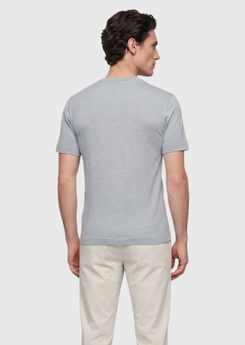 Gri Düz İpek Karışımlı T-Shirt - 5