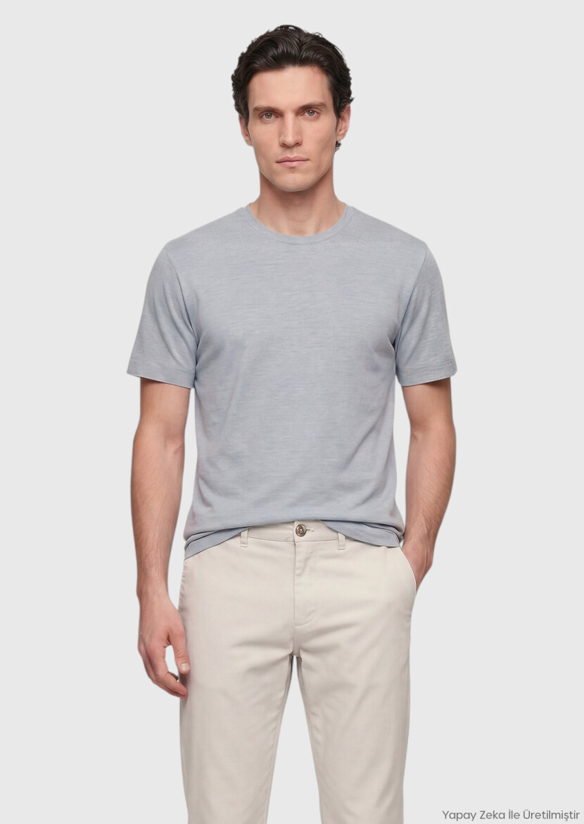 Gri Düz İpek Karışımlı T-Shirt 