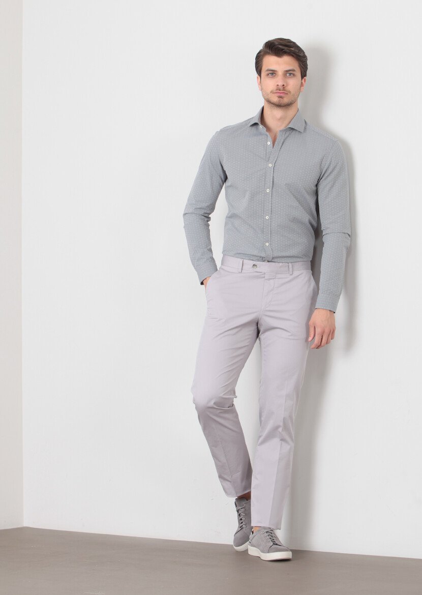 Gri Düz Kumaş Modern Fit Klasik Pamuk Karışımlı Pantolon 