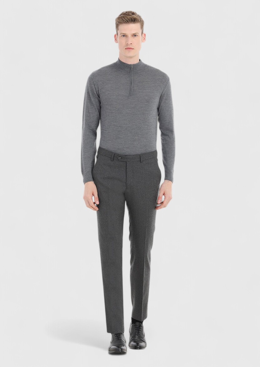 Gri Düz Kumaş Modern Fit Klasik Yün Karışımlı Pantolon - 1