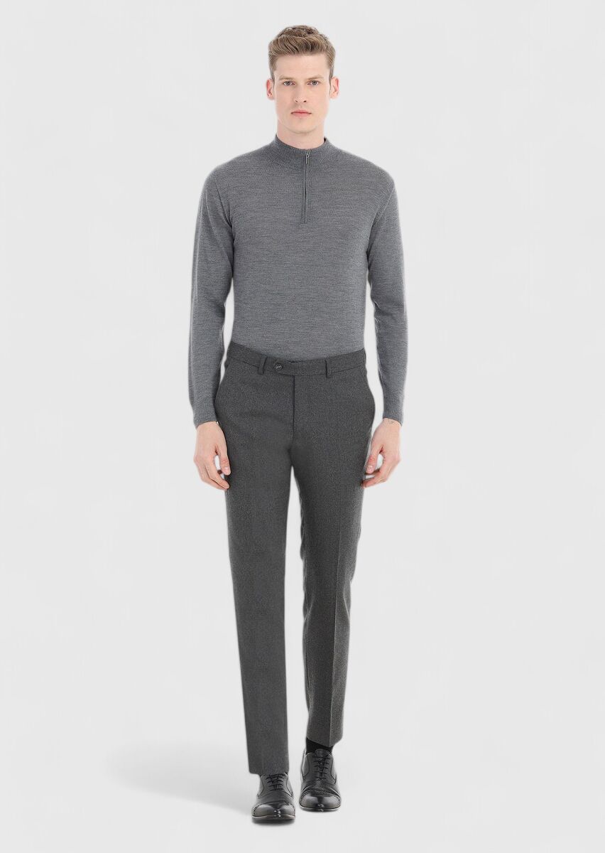 Gri Düz Kumaş Modern Fit Klasik Yün Karışımlı Pantolon - 1