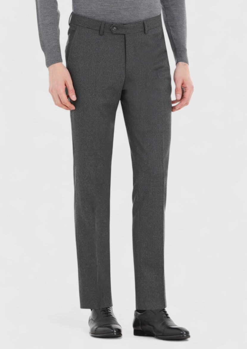 Gri Düz Kumaş Modern Fit Klasik Yün Karışımlı Pantolon - 2