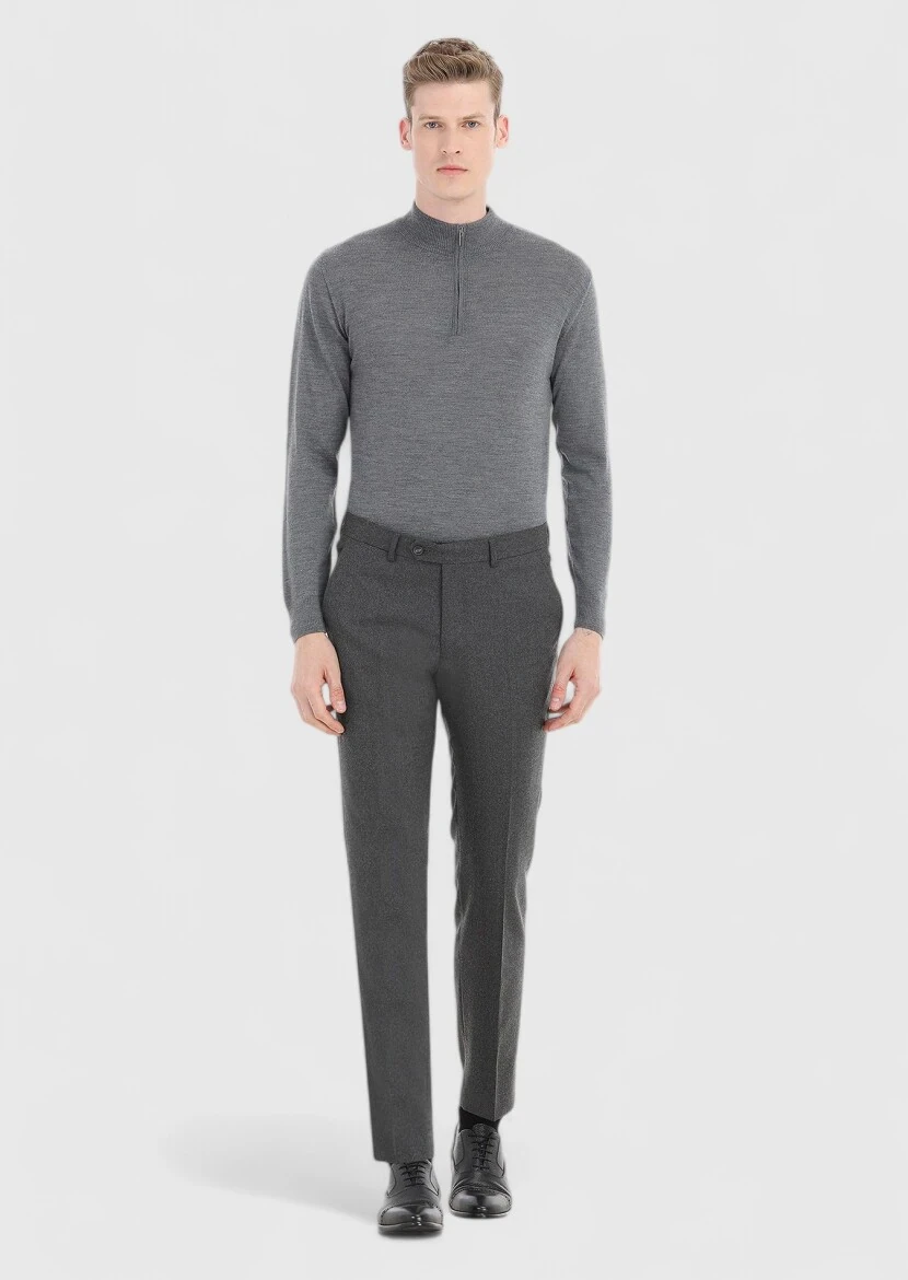Gri Düz Kumaş Modern Fit Klasik Yün Karışımlı Pantolon - 1
