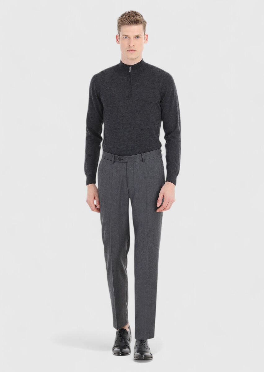 Gri Düz Kumaş Regular Fit Klasik %100 Yün Pantolon - 1