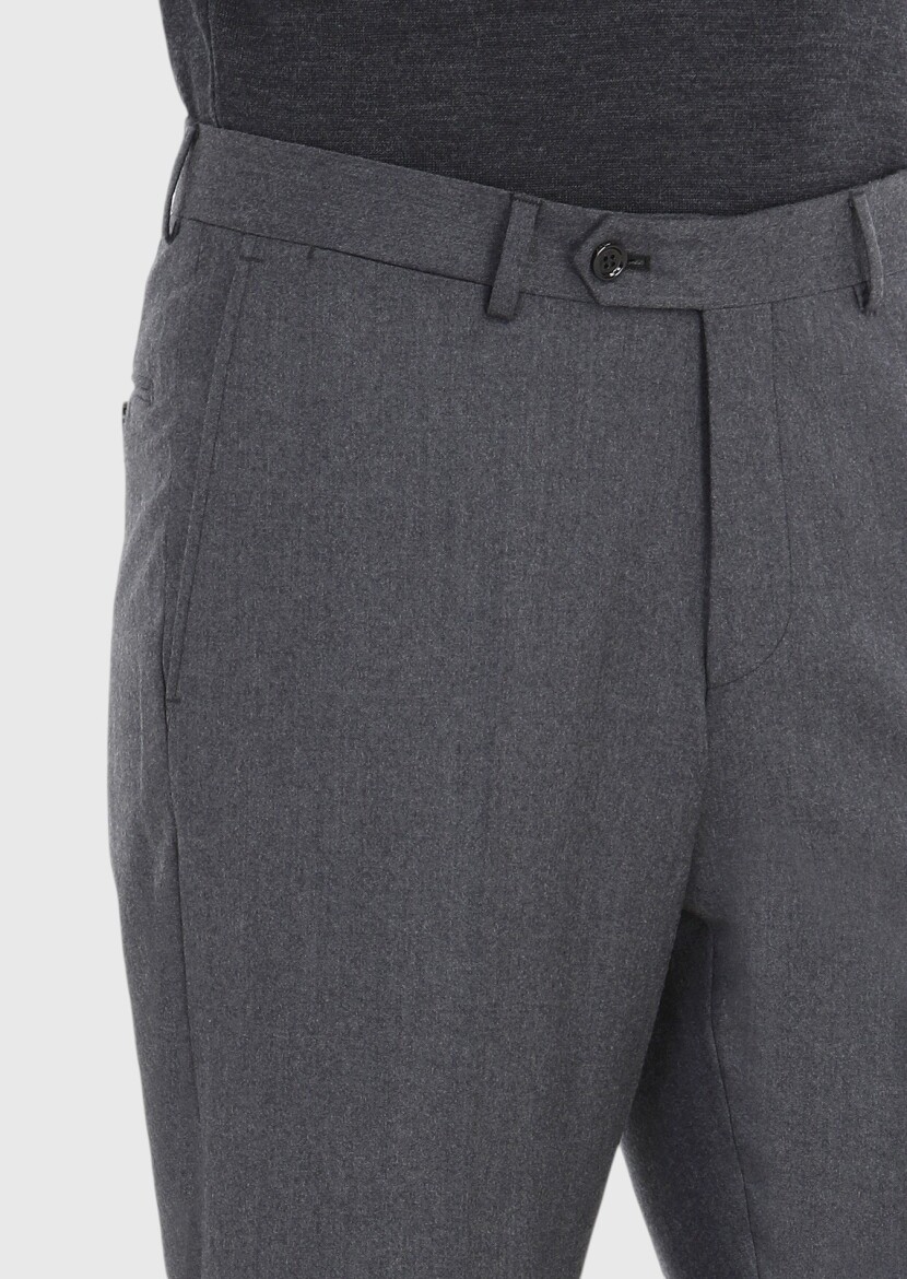 Gri Düz Kumaş Regular Fit Klasik %100 Yün Pantolon - 3