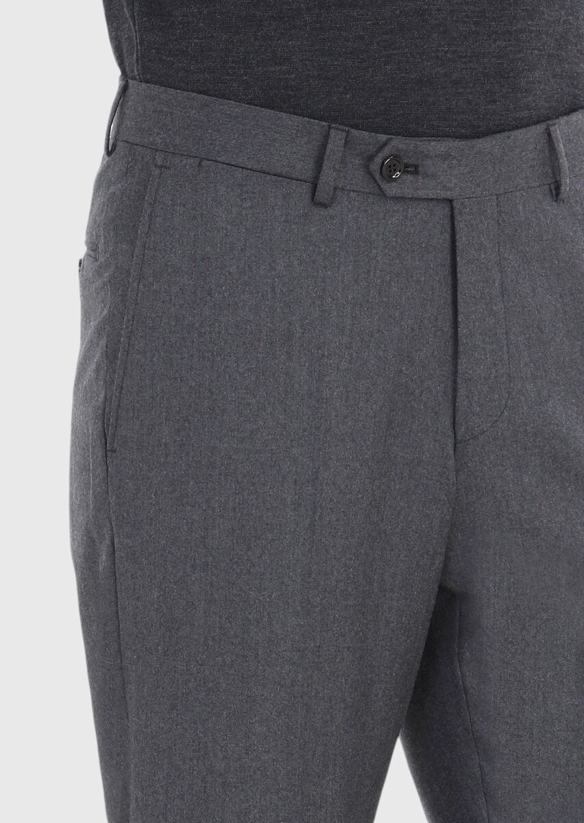 Gri Düz Kumaş Regular Fit Klasik %100 Yün Pantolon - 3