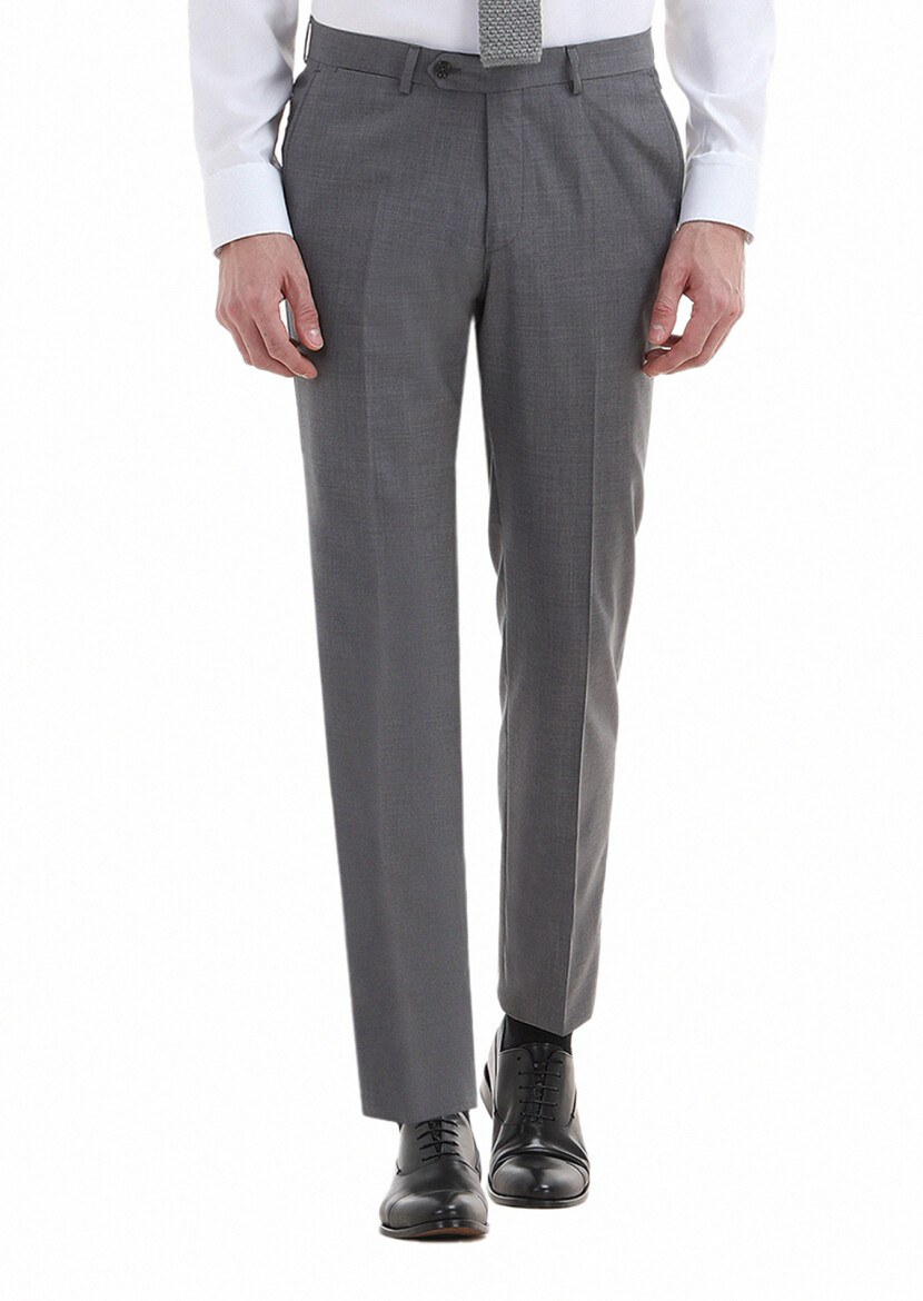 Gri Düz Kumaş Regular Fit Klasik %100 Yün Pantolon - 2