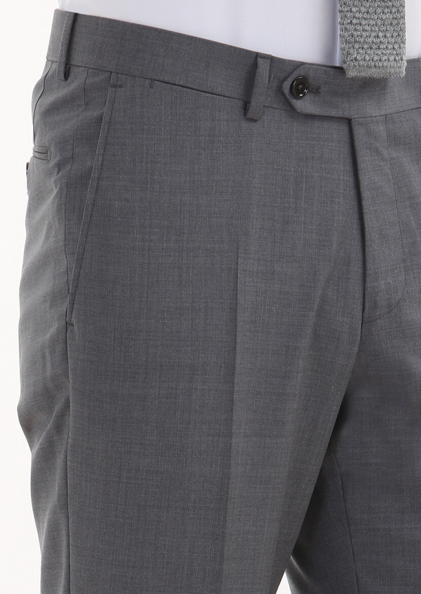 Gri Düz Kumaş Regular Fit Klasik %100 Yün Pantolon - 3