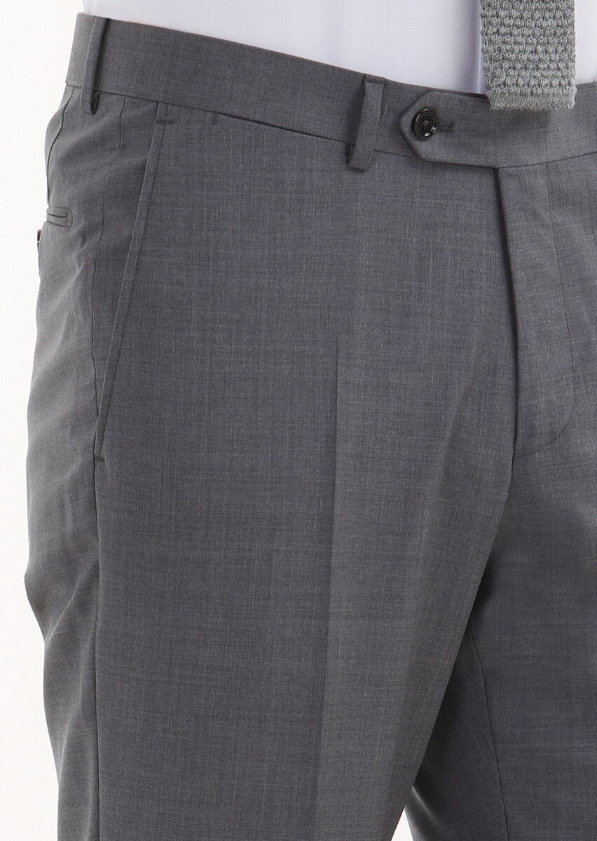 Gri Düz Kumaş Regular Fit Klasik %100 Yün Pantolon - 3