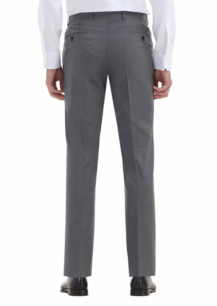 Gri Düz Kumaş Regular Fit Klasik %100 Yün Pantolon - 4