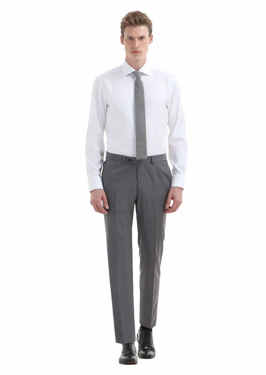 Gri Düz Kumaş Regular Fit Klasik %100 Yün Pantolon - 1