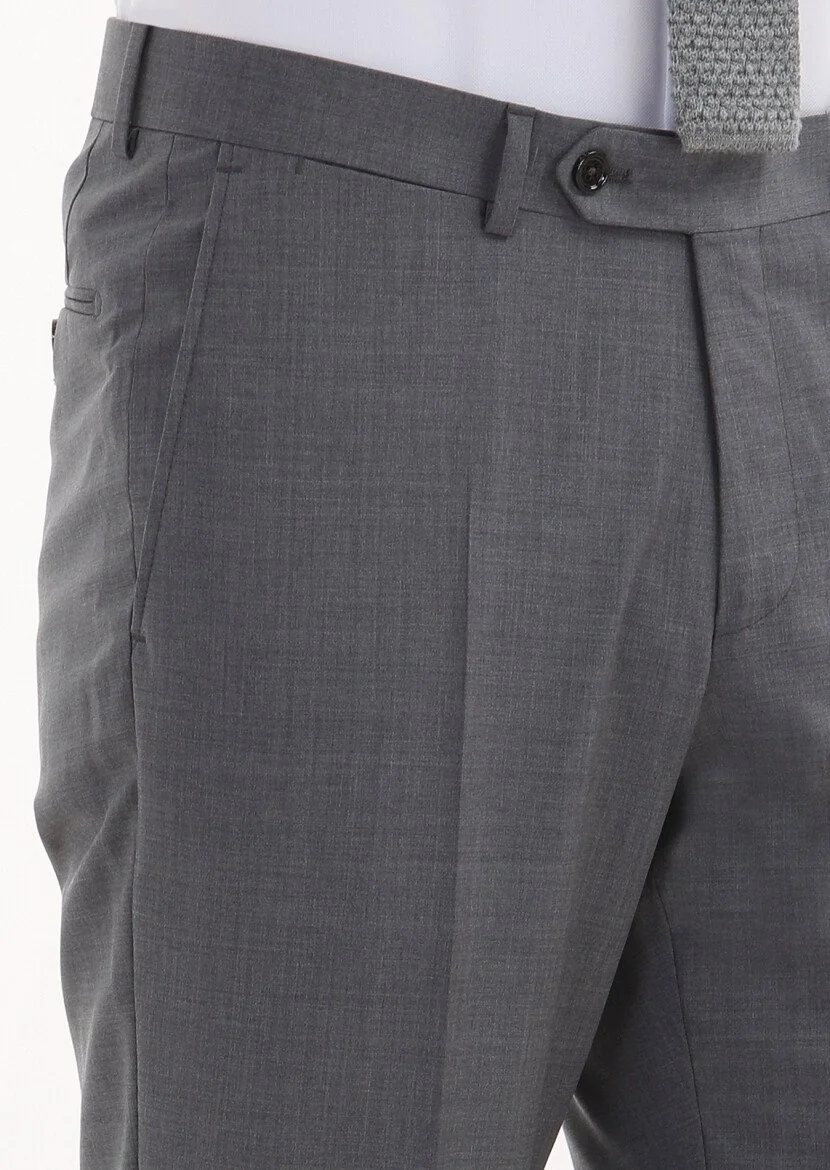 Gri Düz Kumaş Regular Fit Klasik %100 Yün Pantolon - 3