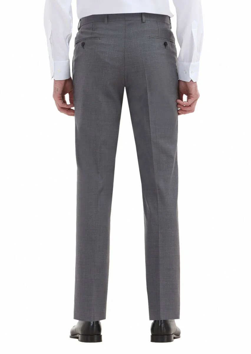 Gri Düz Kumaş Regular Fit Klasik %100 Yün Pantolon - 4
