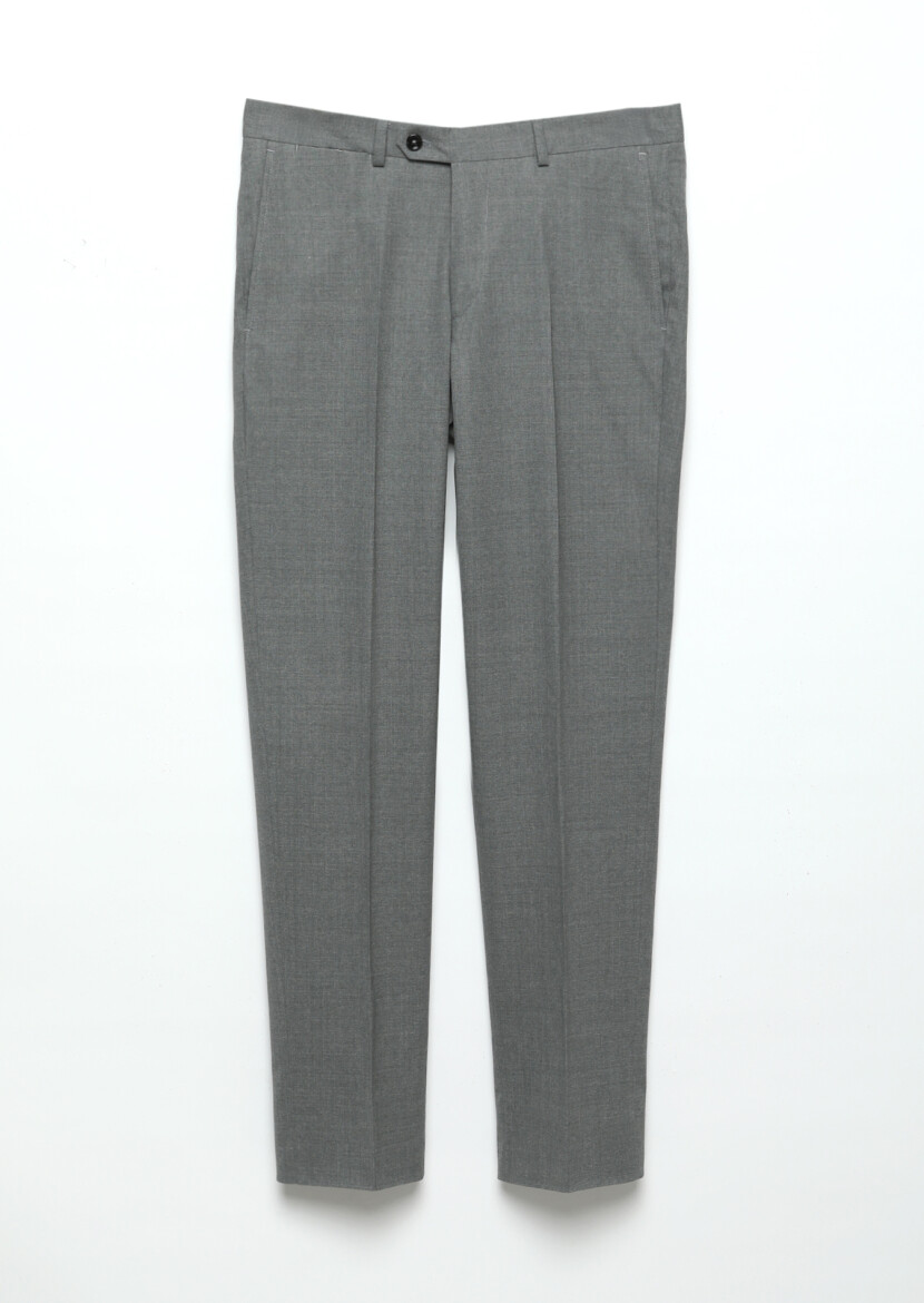 Gri Düz Kumaş Regular Fit Klasik %100 Yün Pantolon - 5
