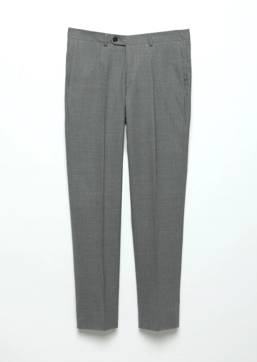 Gri Düz Kumaş Regular Fit Klasik %100 Yün Pantolon - 5