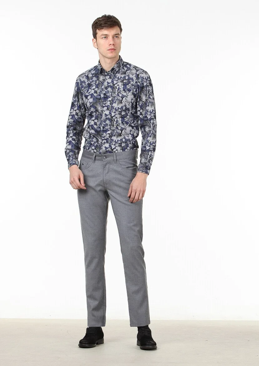 Gri Düz Kumaş Slim Fit Casual Yün Karışımlı Pantolon - 1