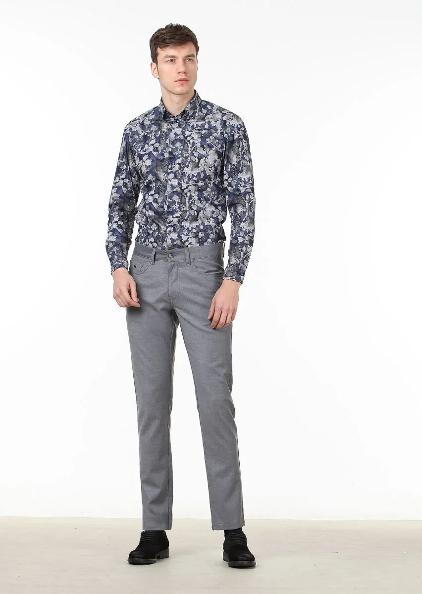Gri Düz Kumaş Slim Fit Casual Yün Karışımlı Pantolon - 1