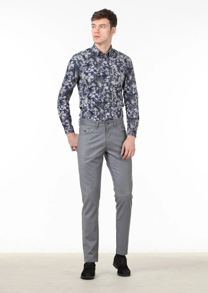 Gri Düz Kumaş Slim Fit Casual Yün Karışımlı Pantolon - 2
