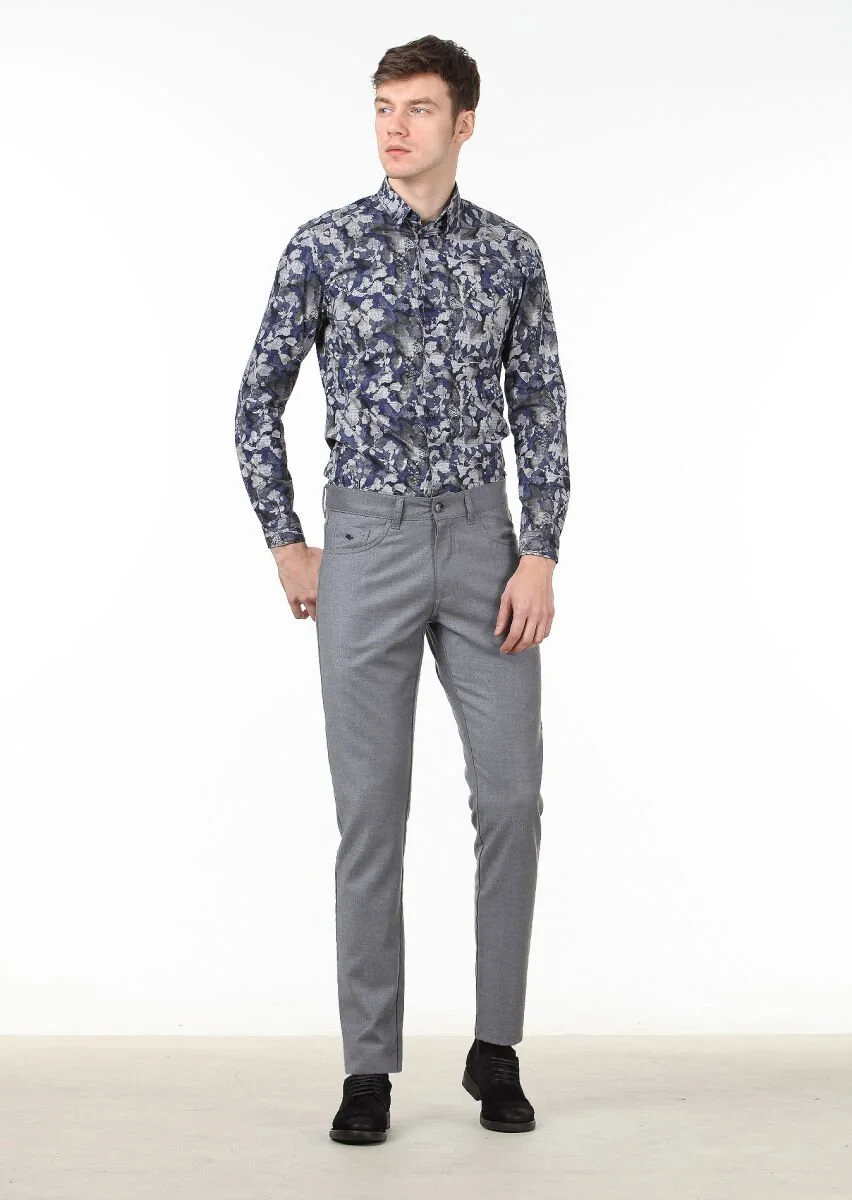 Gri Düz Kumaş Slim Fit Casual Yün Karışımlı Pantolon - 2