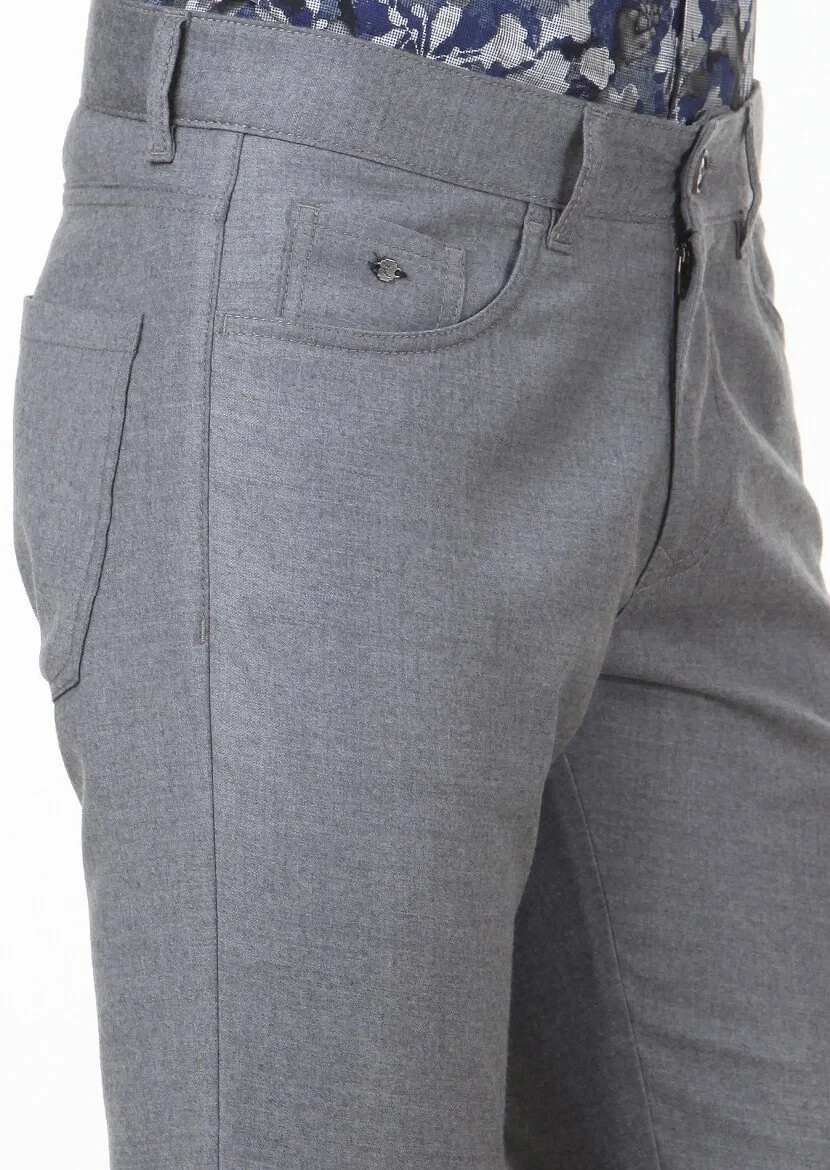 Gri Düz Kumaş Slim Fit Casual Yün Karışımlı Pantolon - 3