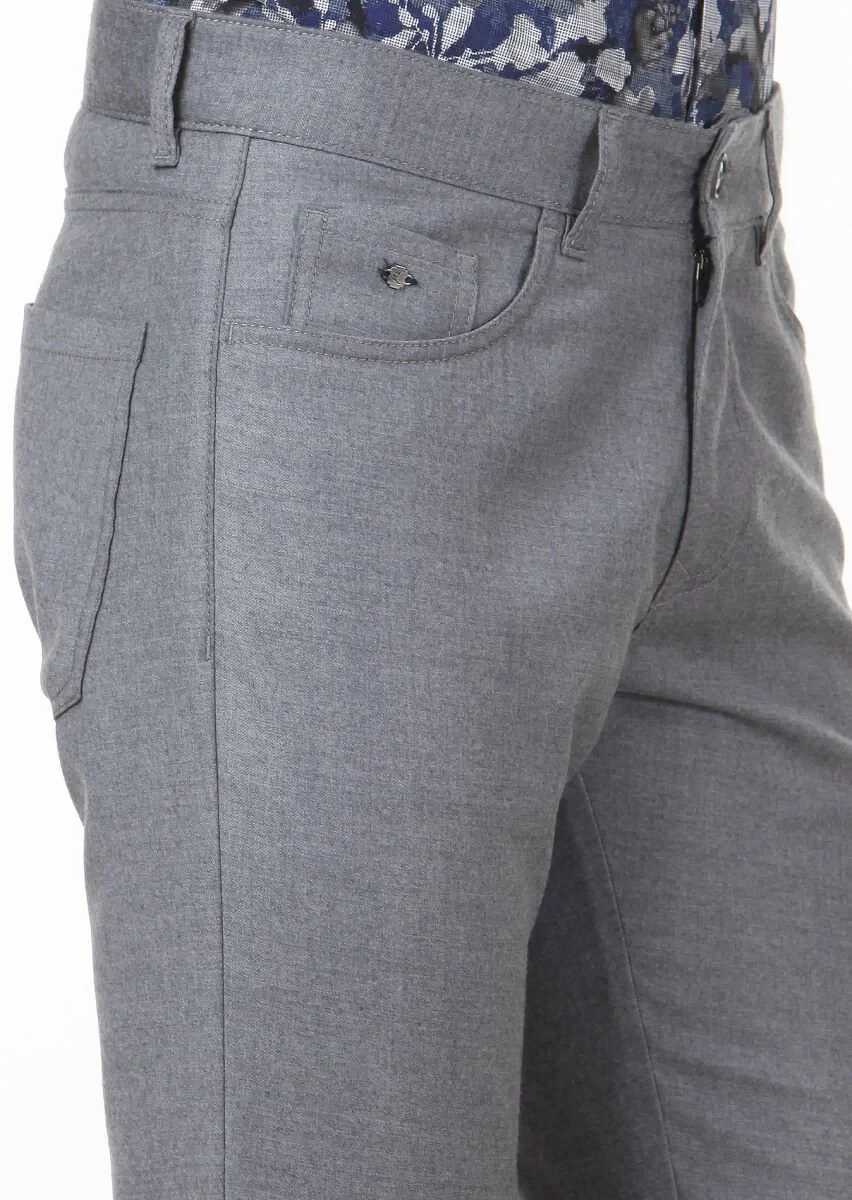 Gri Düz Kumaş Slim Fit Casual Yün Karışımlı Pantolon - 3