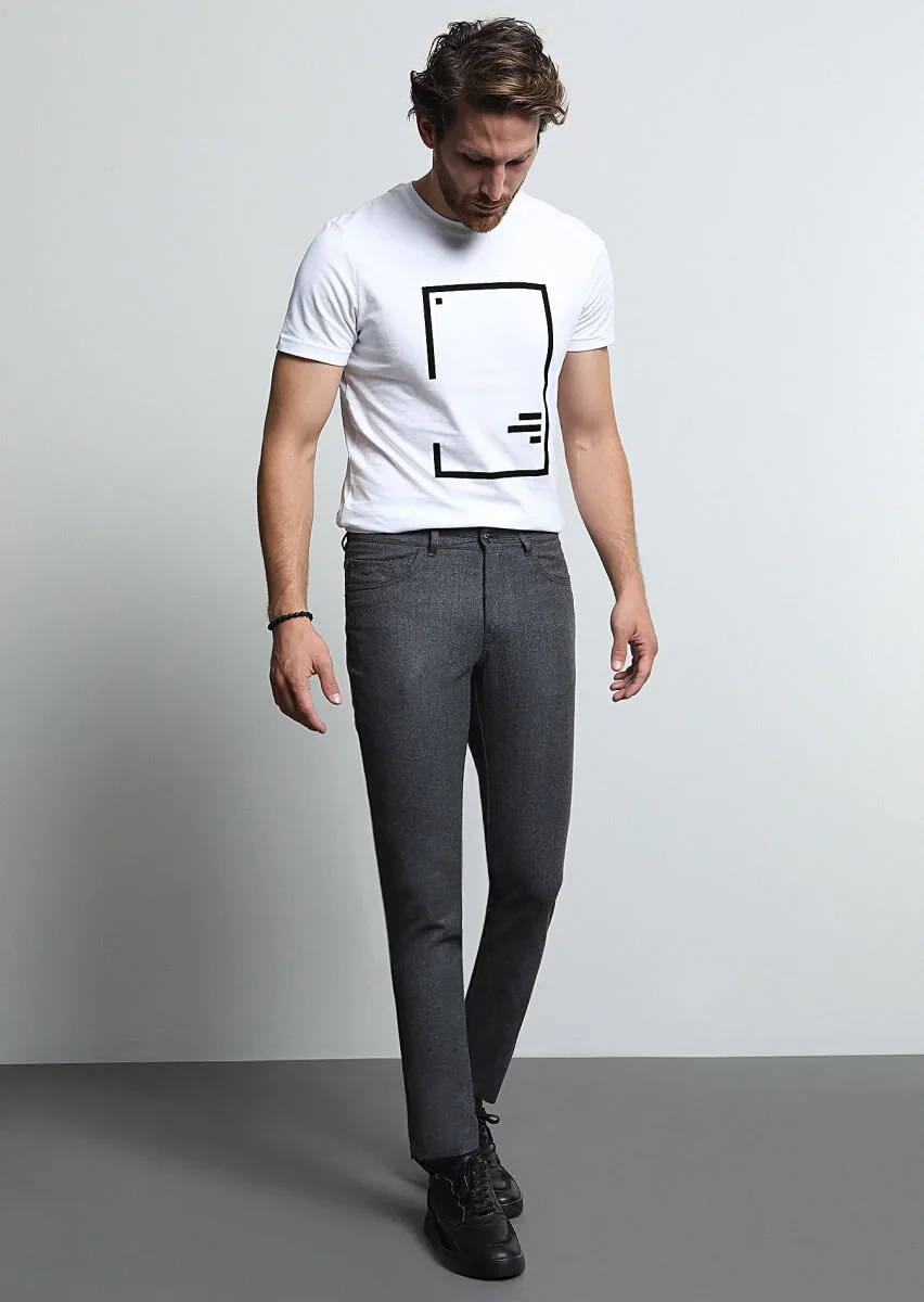 Gri Düz Kumaş Slim Fit Casual Yün Karışımlı Pantolon - 1