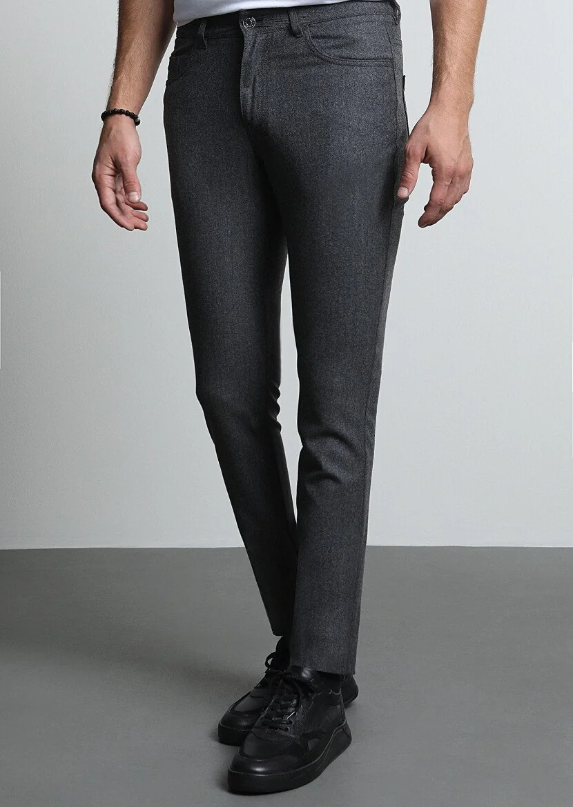 Gri Düz Kumaş Slim Fit Casual Yün Karışımlı Pantolon 