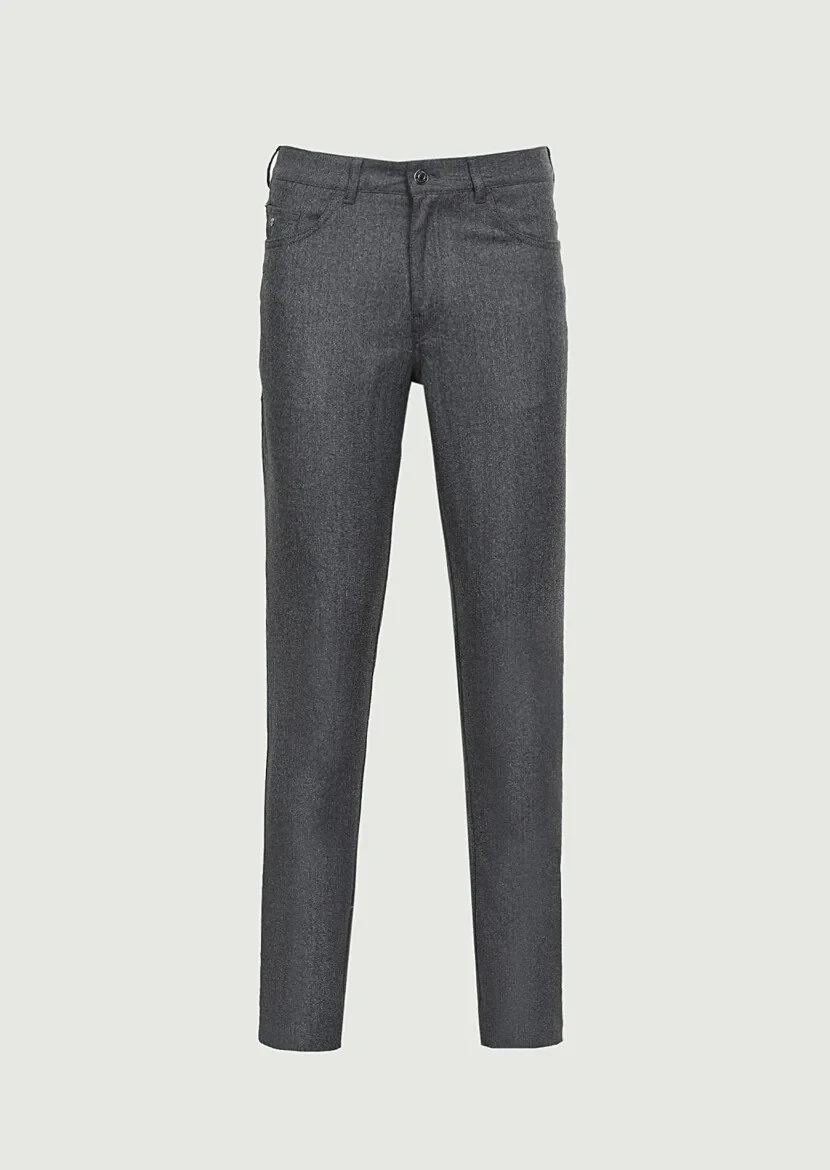Gri Düz Kumaş Slim Fit Casual Yün Karışımlı Pantolon - 6
